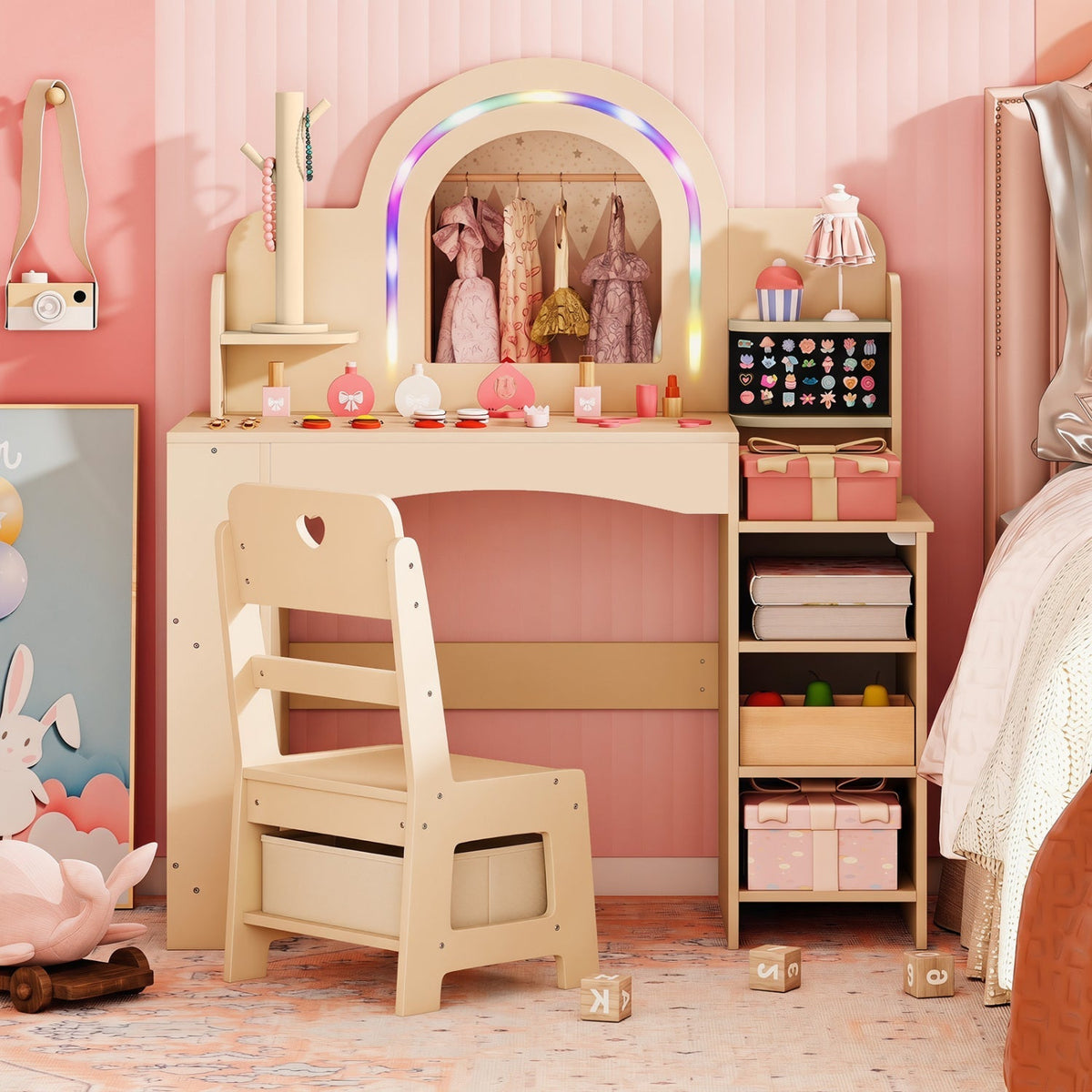 Kids vanity set with LED mirror and chair, natural wood finish, featuring a compact design for children’s grooming and play.