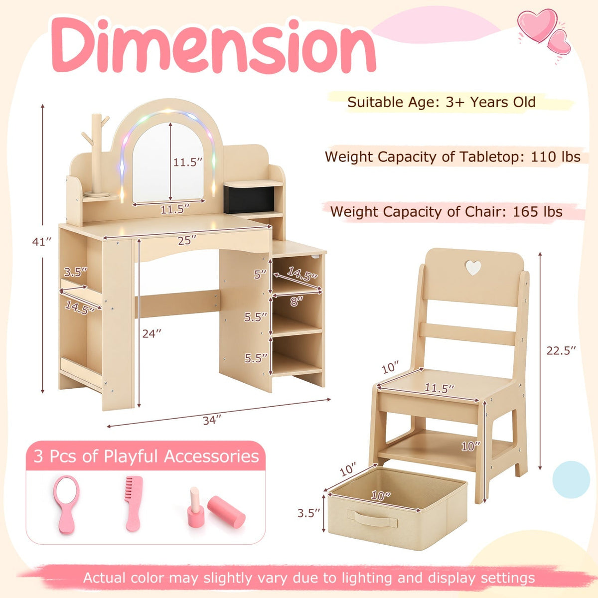 Kids vanity set with LED mirror and chair, featuring a natural finish, designed for children to enjoy pretend play and grooming.