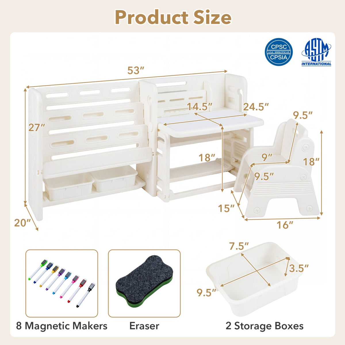 Kids furniture set with a wooden writing desk, chair, and side bookshelves, ideal for children's study and play areas.