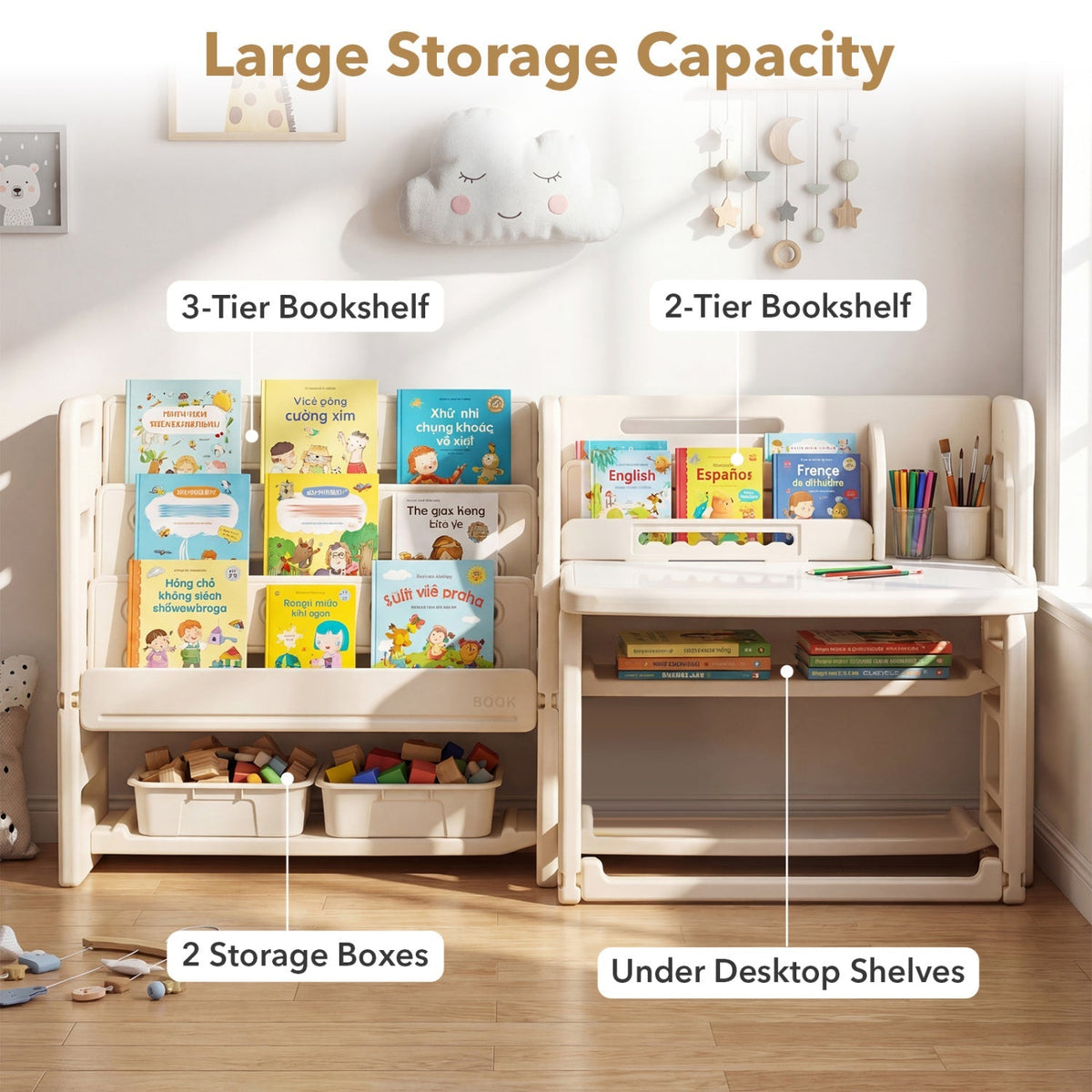 Kids furniture set by GBruno Store featuring a writing desk, chair, and side bookshelves for children’s study space.