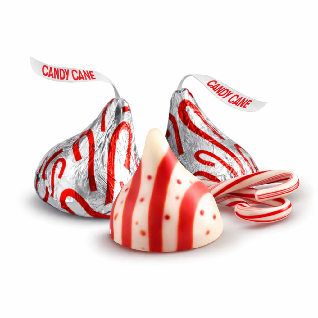 Hershey’s Kisses Candy Cane Mint chocolates with striped coating and candy bits, in a bulk value bag from Candy In Bulk.