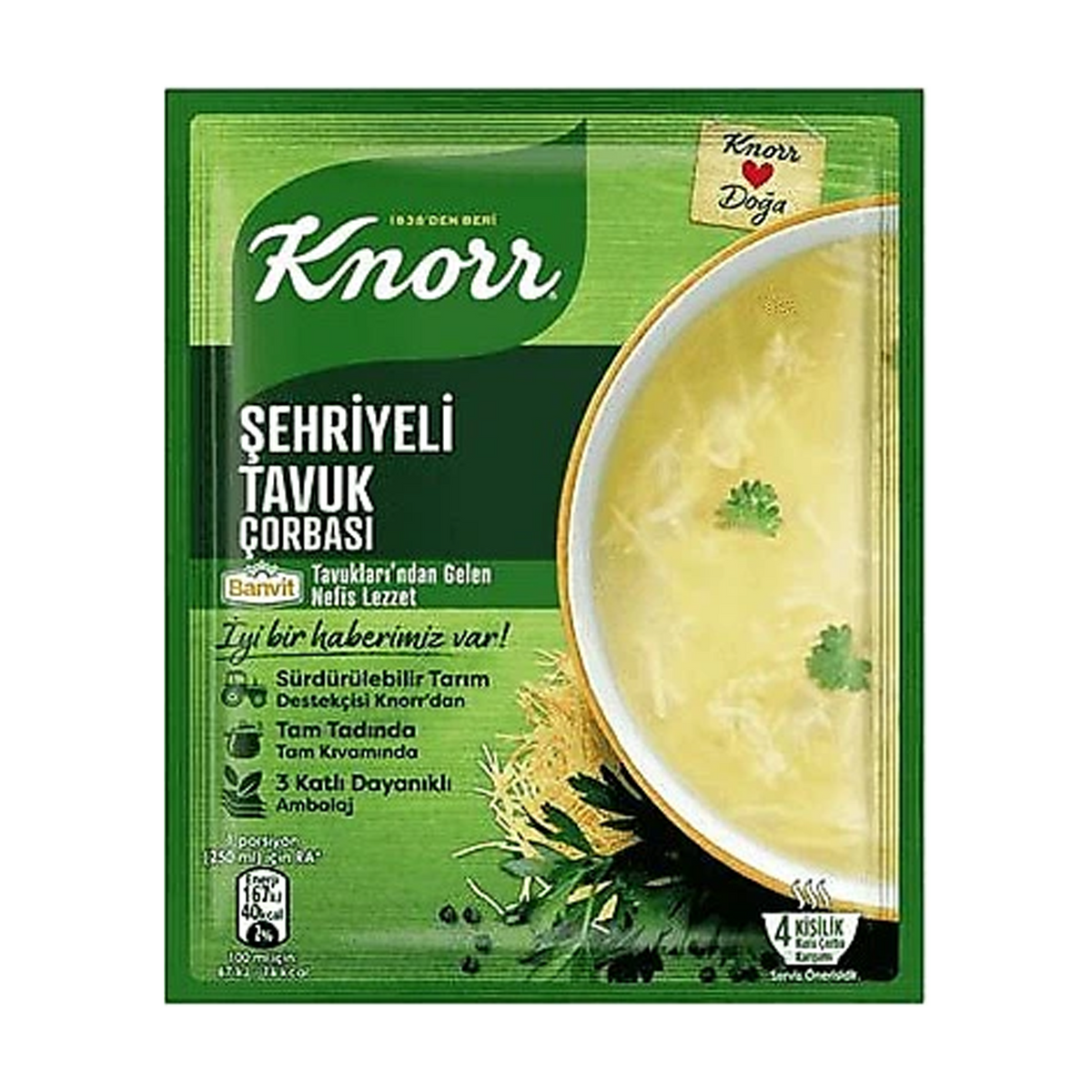 S101 Knorr Sehriyeli Tavuklu Soup in a bowl with rice, chicken, and herbs, ready to serve.