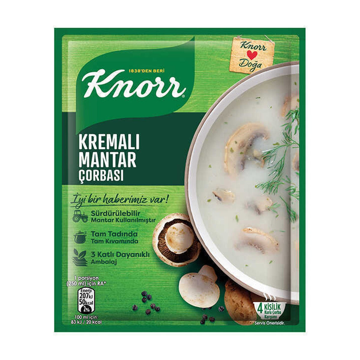 Creamy mushroom soup packet from Knorr, 63g, by S101, showing the soup package with mushroom and cream imagery.