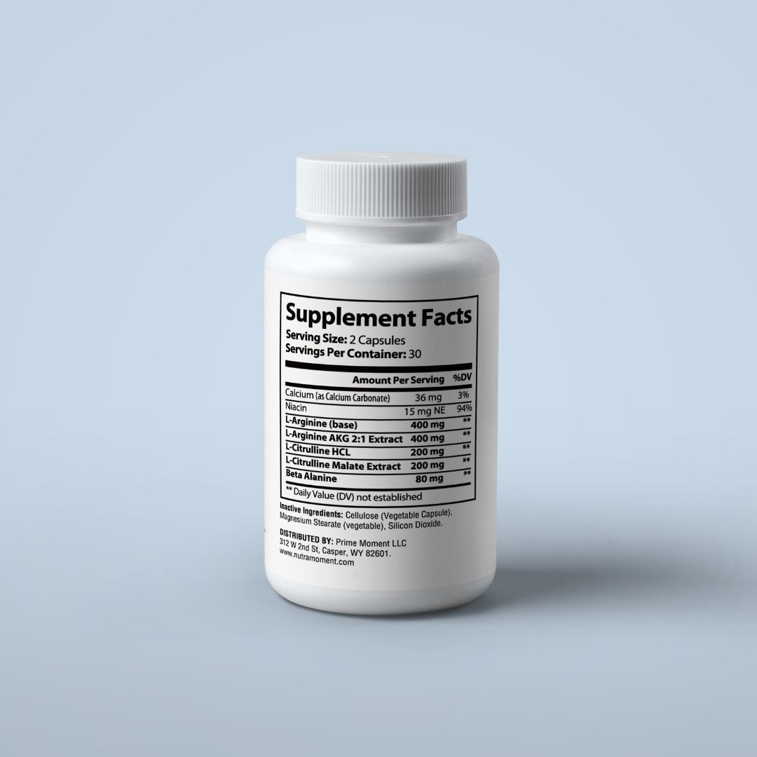 Bottle of Nutra Moment L-Arginine and L-Citrulline supplement in a health and beauty packaging, with capsules visible inside.