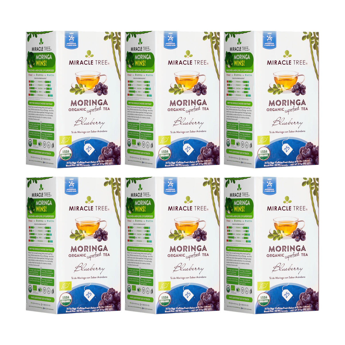 Organic Moringa and blueberry herbal tea by Miracle Tree, caffeine-free, in a clear glass cup showcasing vibrant tea infusion.