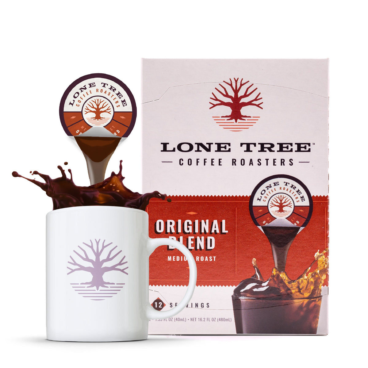 Medium roast coffee from Lone Tree Coffee Roasters by Java House, featuring the original blend with a brewed coffee on a white background.