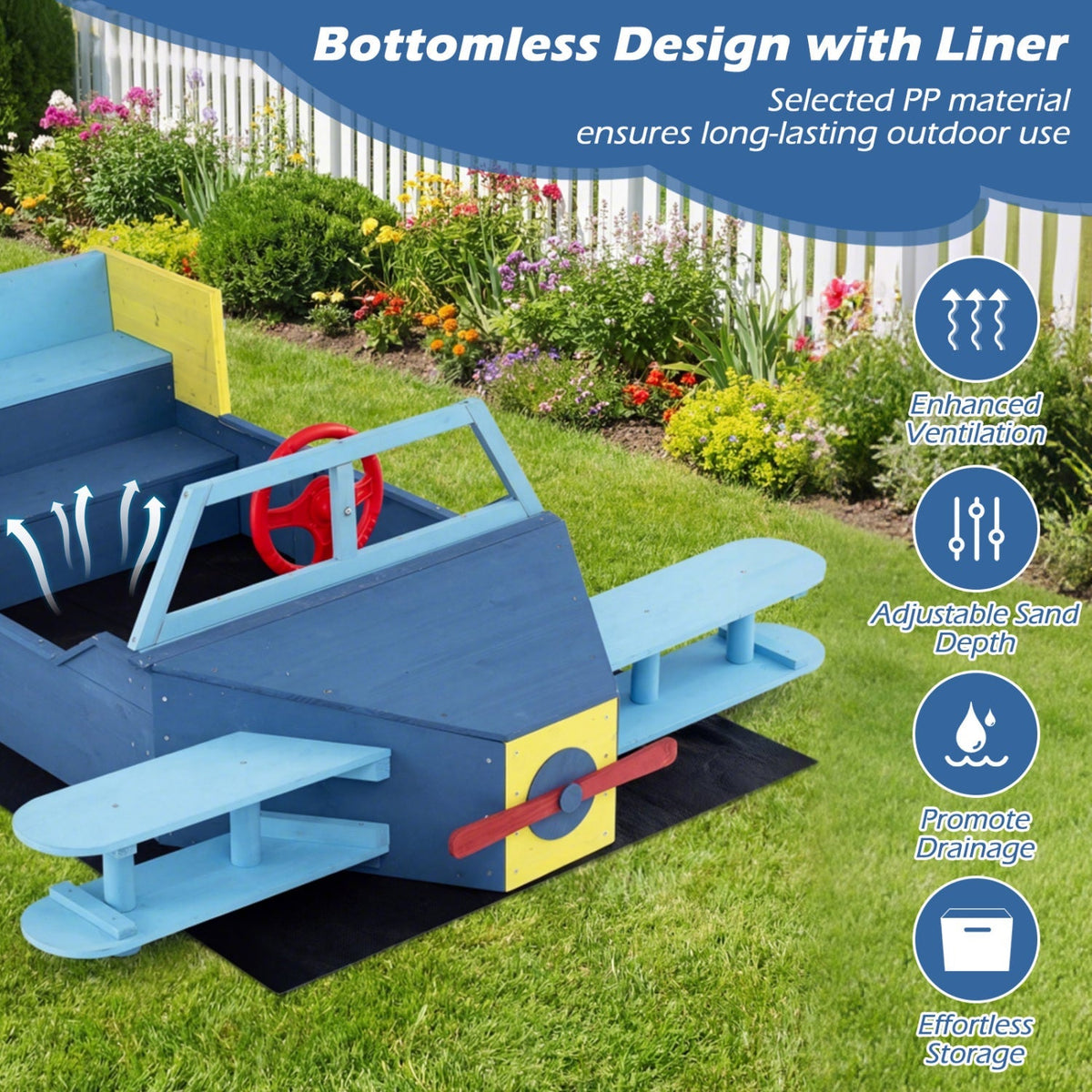 Large wooden kids sandbox with bottom liner and bench seat, featuring natural wood finish and sturdy construction for outdoor play.