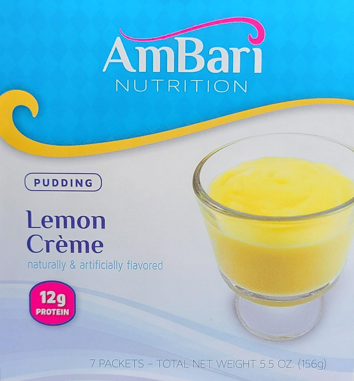 AmBari Nutrition Lemon Creme Pudding, creamy lemon dessert in a bowl, with a smooth texture and bright yellow color.