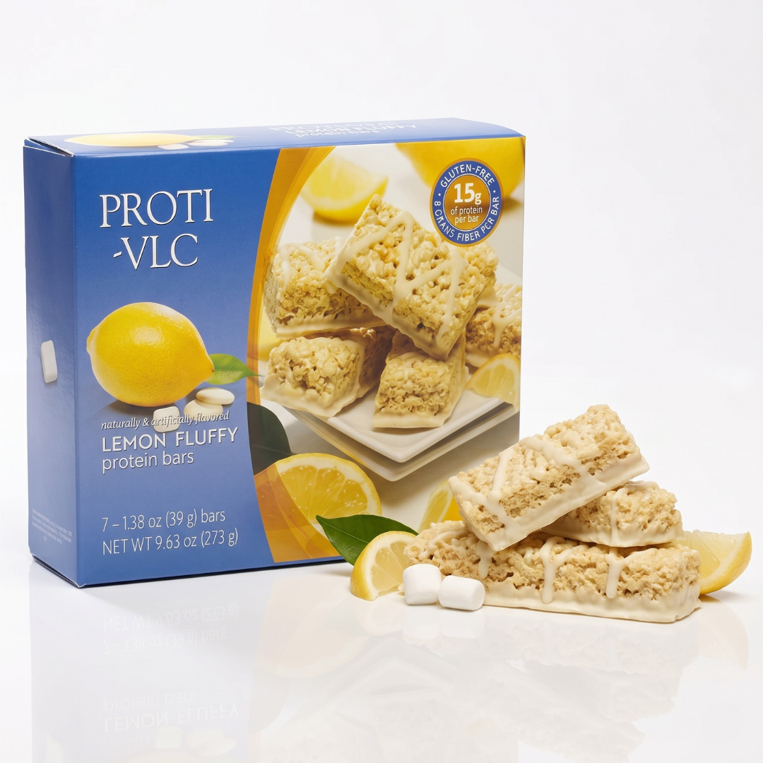 AmBari Nutrition Fluffy Lemon Bar protein bar with lemon flavor, shown with its box, showcasing a soft, textured surface.