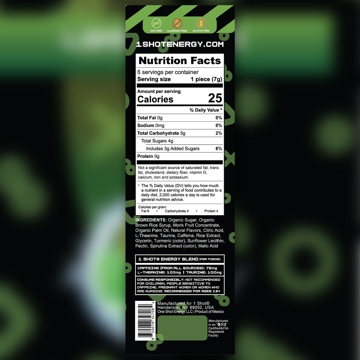 Lemon-lime 1 Shot Energy Stack energy chews in a colorful sleeve, designed to boost energy and stamina.
