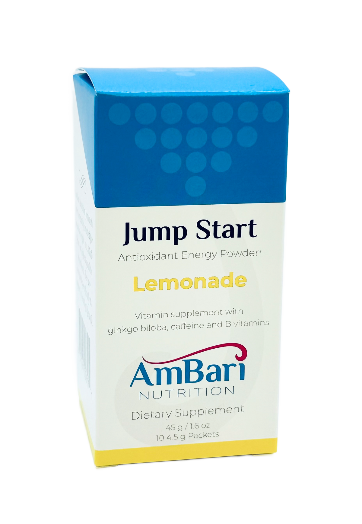 AmBari Nutrition Lemonade Jump Start energy drink mix powder in a canister, ready for quick energy boost.