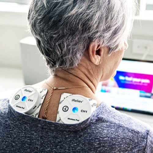 iReliev wireless small pads refill kit shown on a lifestyle background, designed for pain relief and therapy devices.