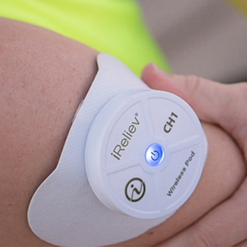 iReliev wireless large single pads refill kit for TENS and EMS devices, showing multiple adhesive electrode pads and connectors