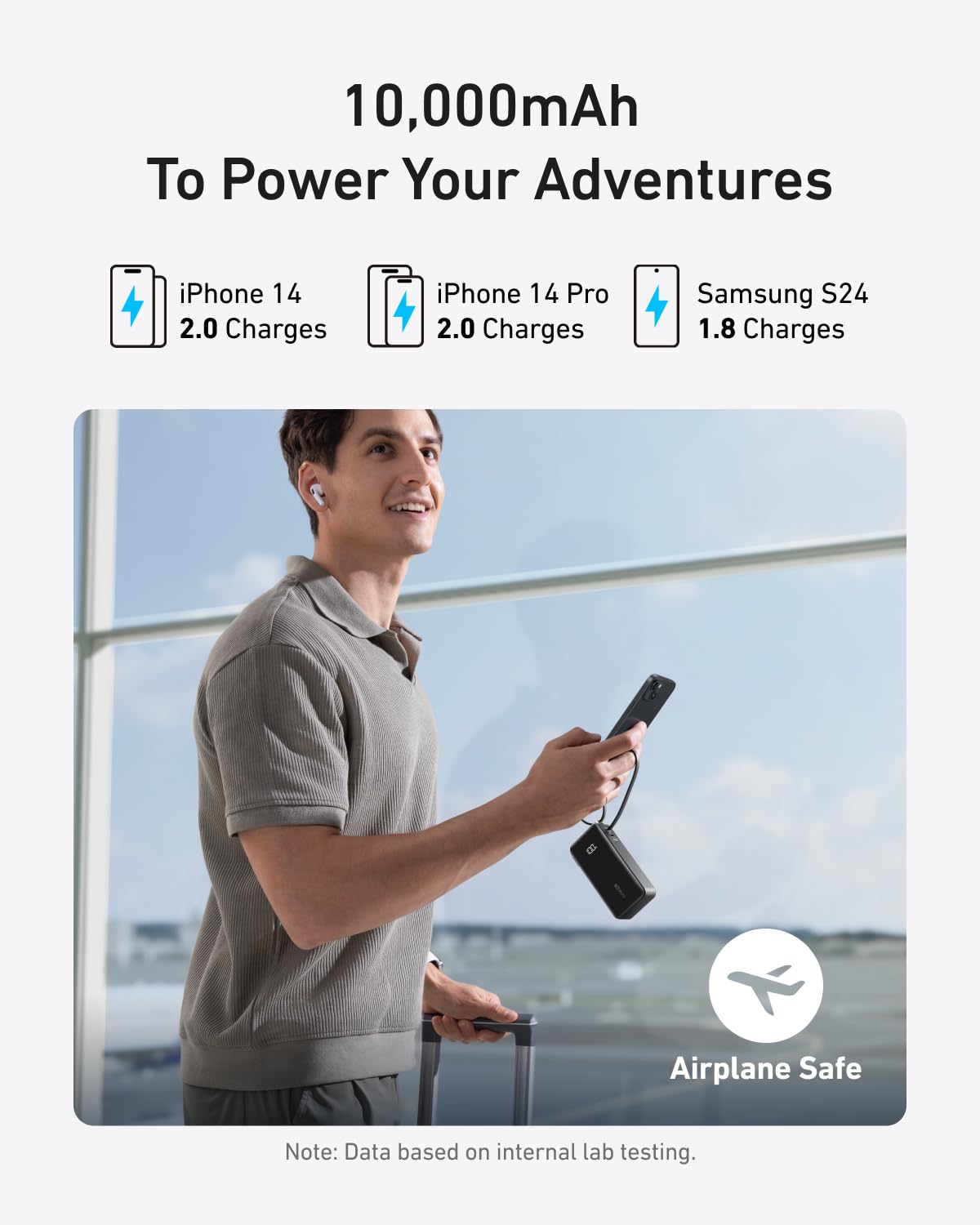 Blue Anker Power Bank 10K Fusion with built-in Lightning cable for portable charging and on-the-go device power.