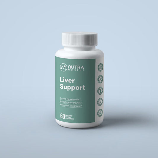 Nutra Moment Liver Support supplement bottle with label, featuring herbal ingredients for liver health in a health and beauty product.