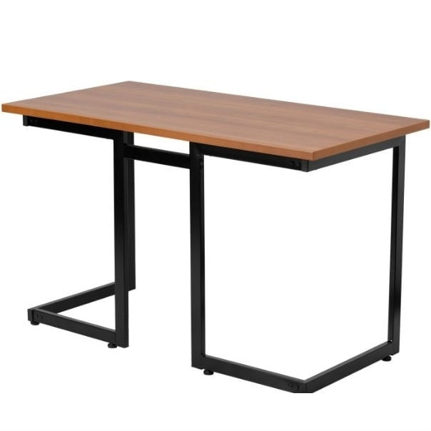 Modern black metal frame computer desk with cherry wood finish top, sturdy workspace for home or office use.