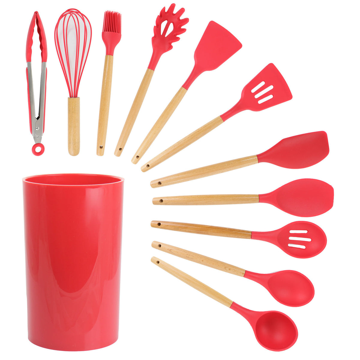Set of 12 MegaChef red silicone and wood kitchen utensils including spatulas and spoons on a white background