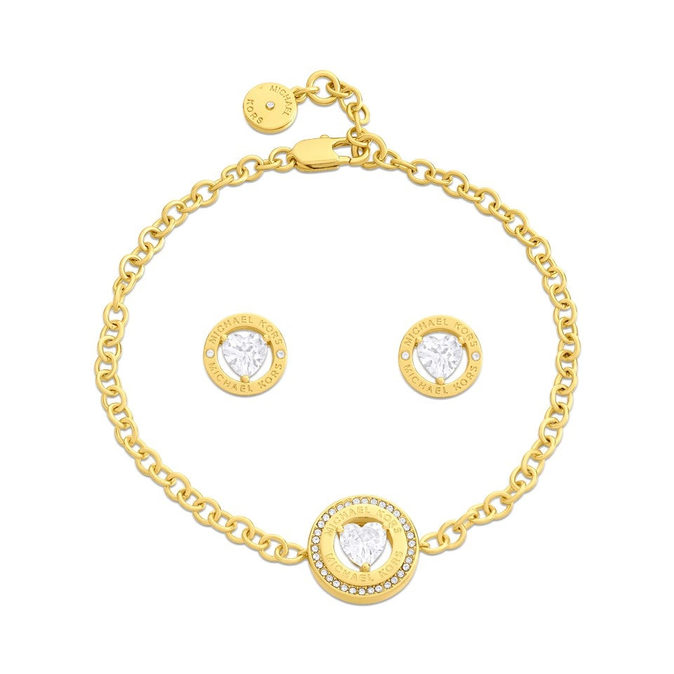Michael Kors Fashion Jewels bracelet and earrings set featuring stylish designer jewelry with gold-tone accents and modern design.