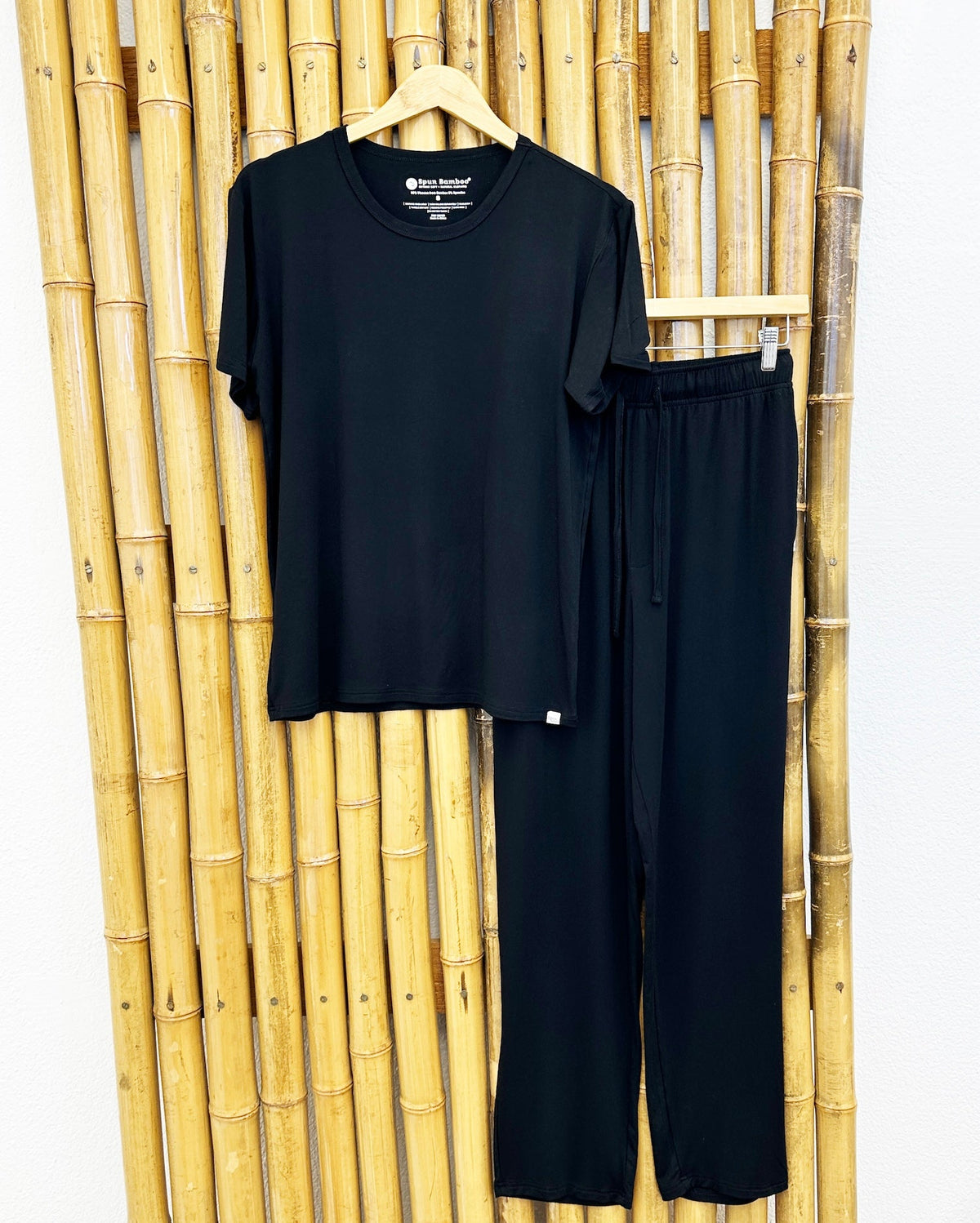 Men's black bamboo lounge pajama pants from Spun Bamboo, featuring comfortable, soft fabric and a relaxed fit.