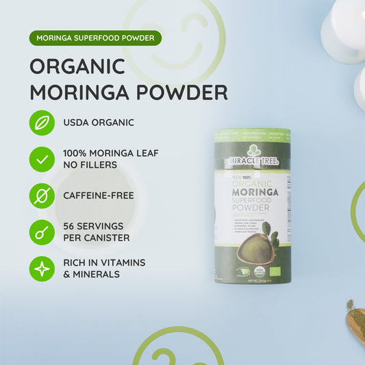 Organic Moringa Powder from Miracle Tree in an 8oz canister, showcasing vibrant green superfood powder on a clean surface.