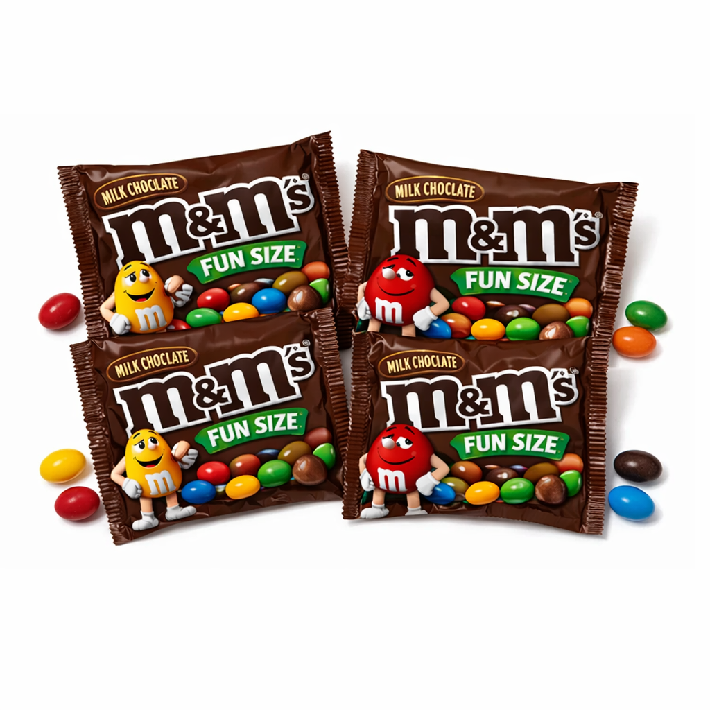 Milk chocolate M&M's fun size candies from Candy In Bulk in a bulk value bag, showing colorful coated chocolate pieces.