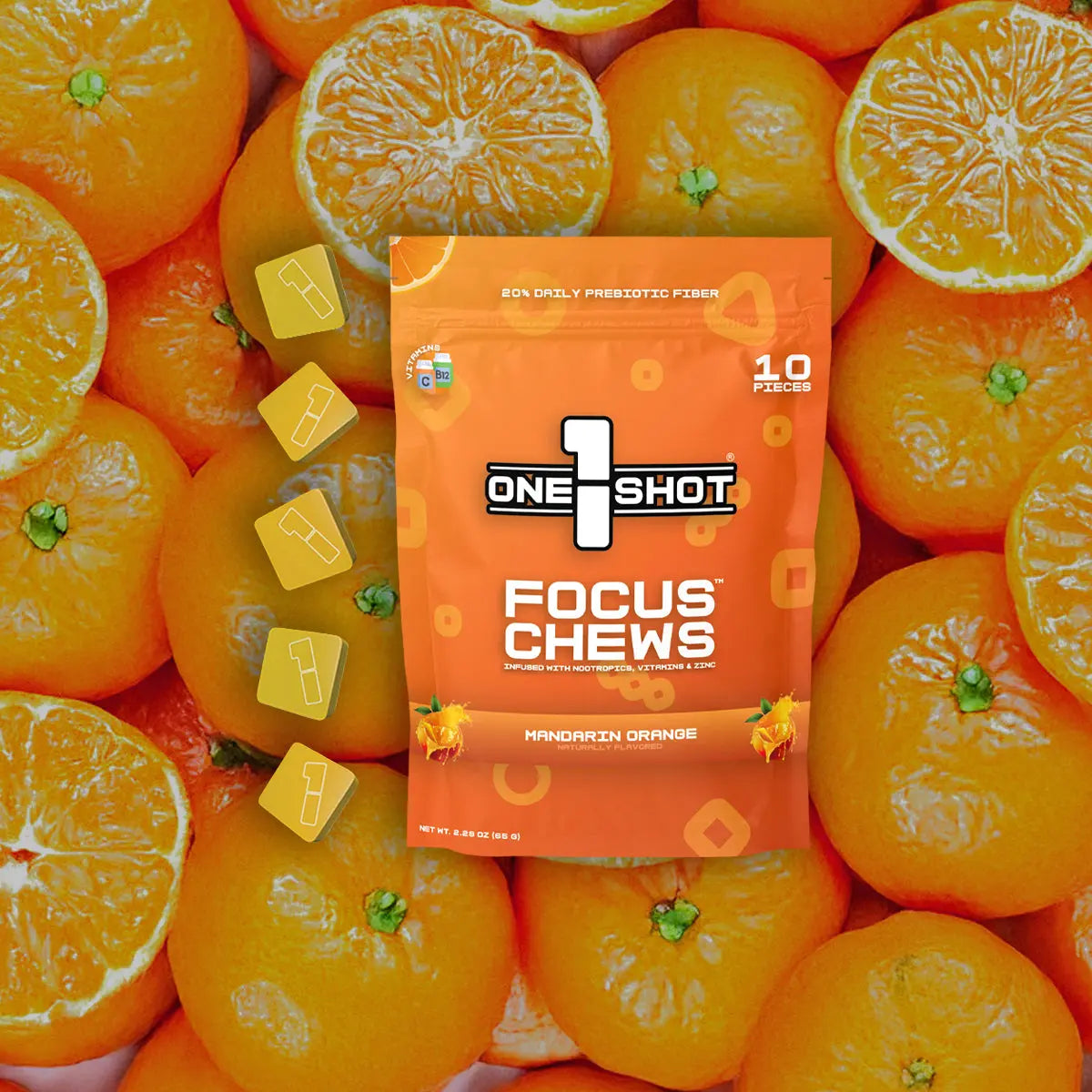 1 Shot Energy Starter Variety Stack bundle with Mandarin-Orange Focus Chews in a colorful box, showcasing fruit-flavored energy supplements.