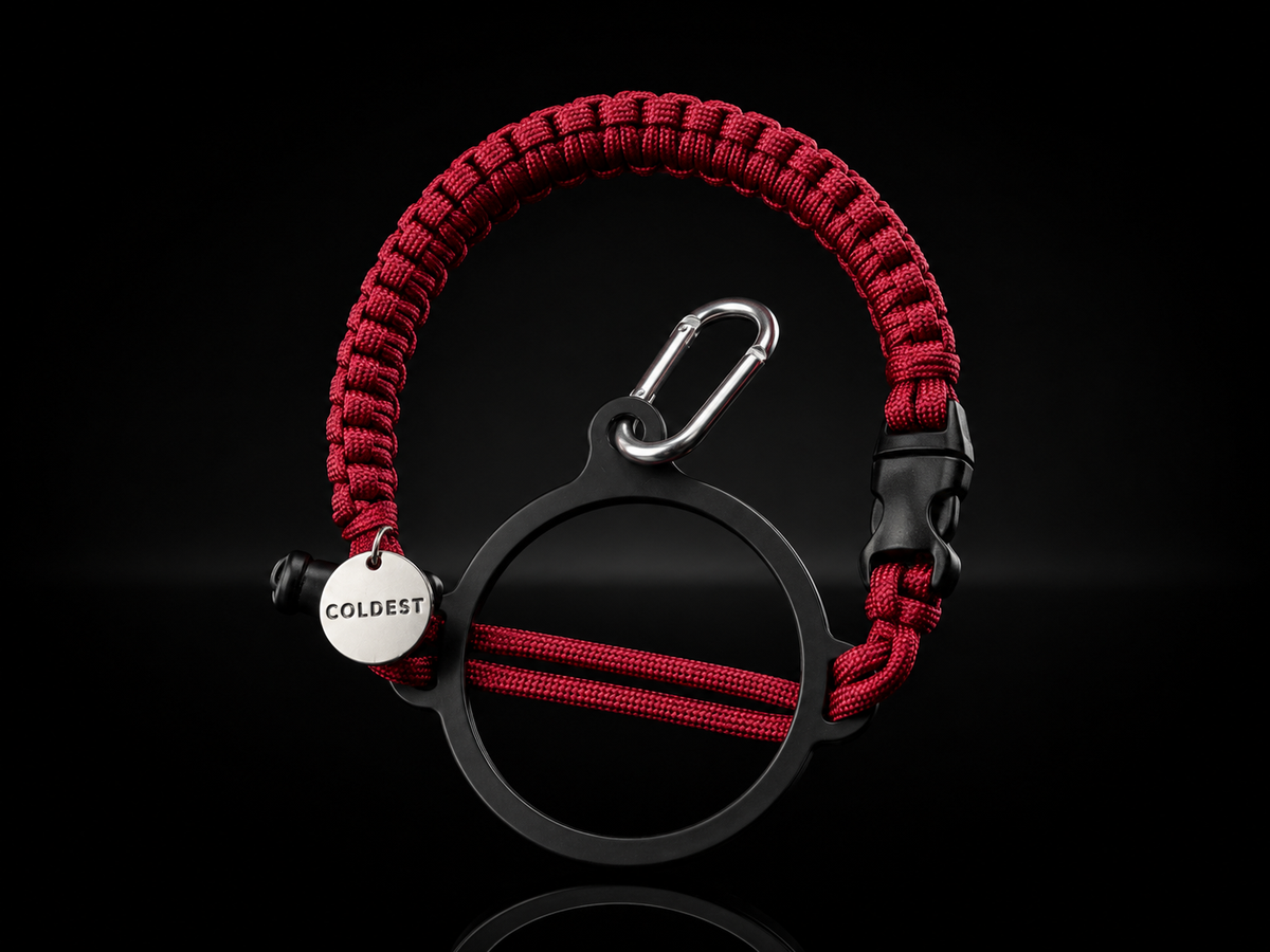 Coldest Paracord Handle accessory with maroon and black design, featuring a durable paracord grip for outdoor gear or equipment.