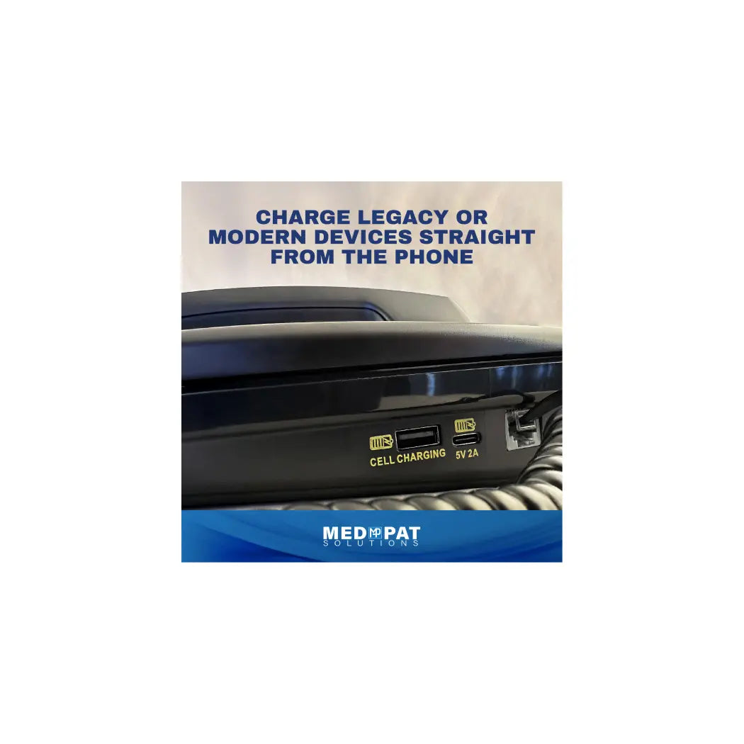 MedPat Solutions D520U full-featured console landline telephone with USB-A and USB-C charging ports on the front panel.