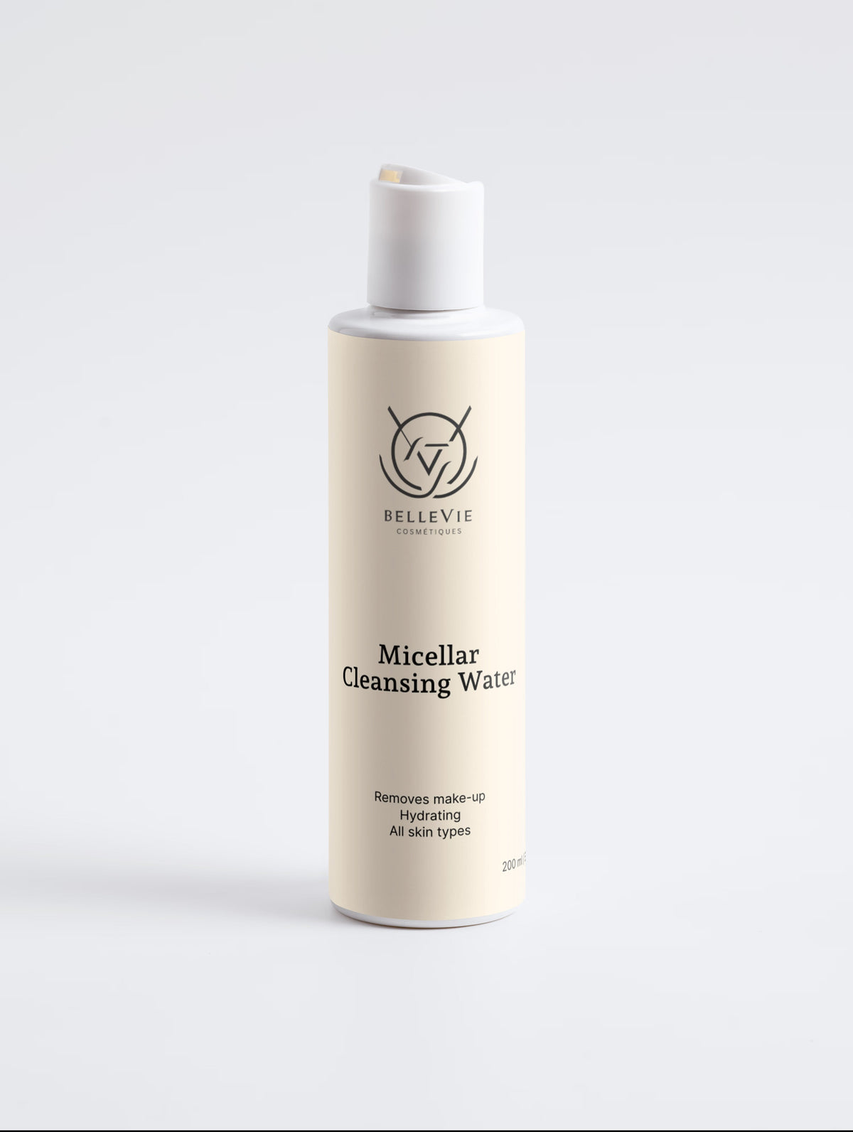Belleviecosmetic micellar cleansing water 200ml bottle with lightweight, clear water formula for gentle makeup removal and hydration.