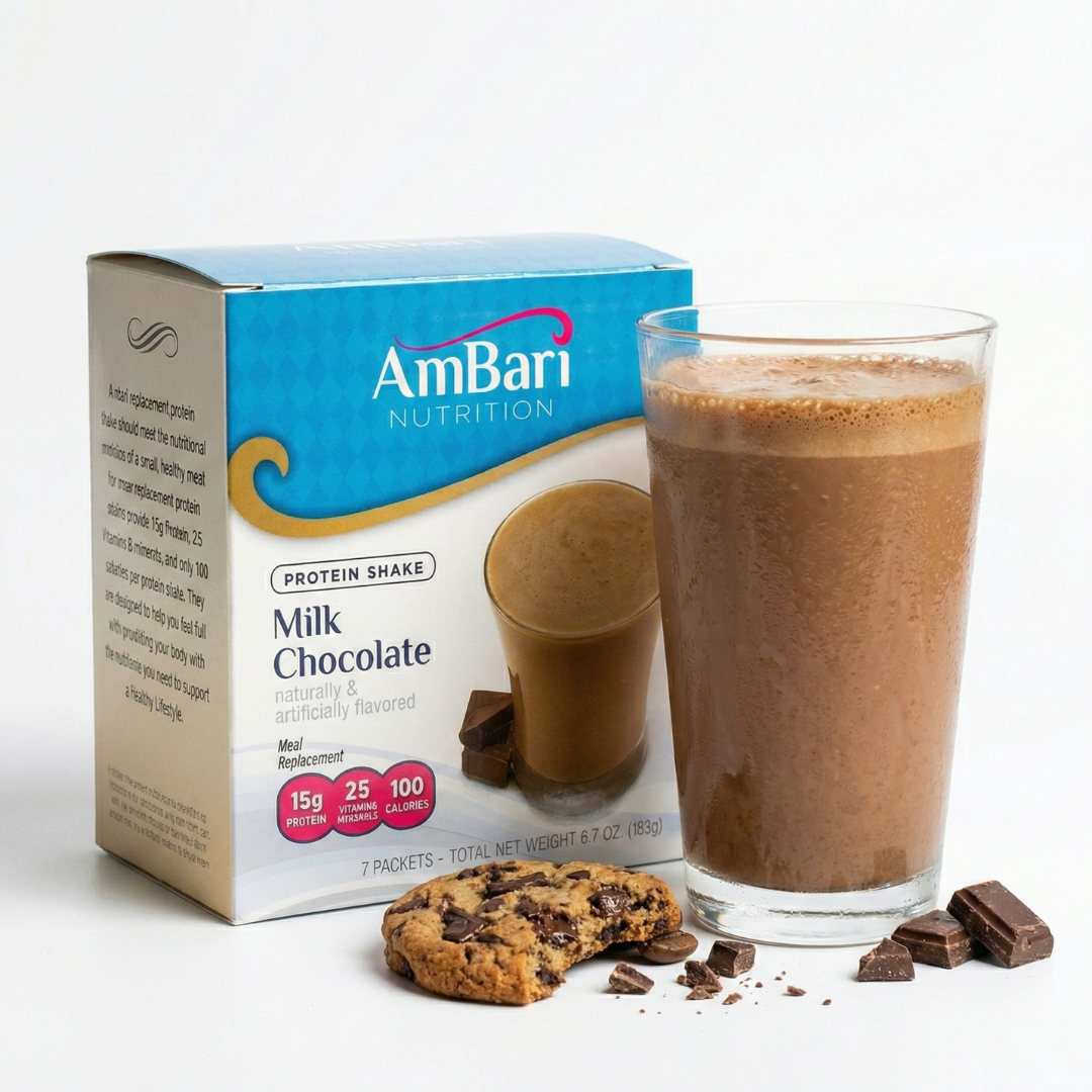 Creamy milk chocolate protein shake from AmBari Nutrition, showcasing smooth texture and rich chocolate flavor in a glass.
