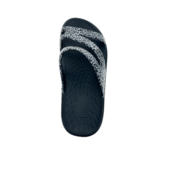 Women's Sovella Active Recovery Sandals by Lucky Feet Shoes in black with leopard print straps, featuring a cushioned slide design.