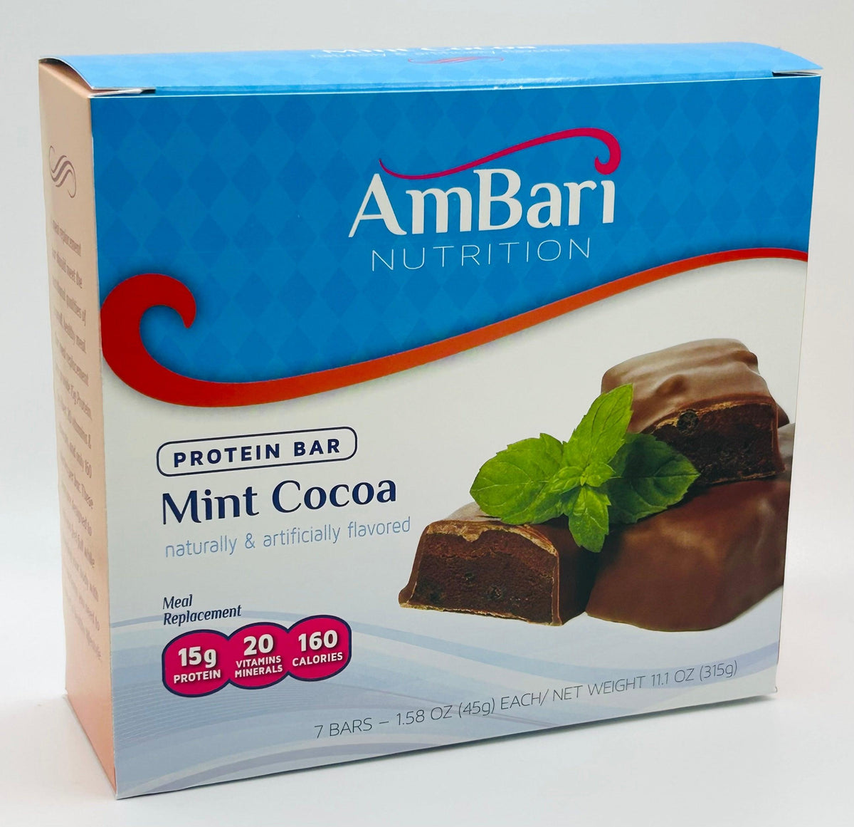AmBari Nutrition mint cocoa protein bars, showing a close-up of the chocolate and mint-flavored bars with packaging.