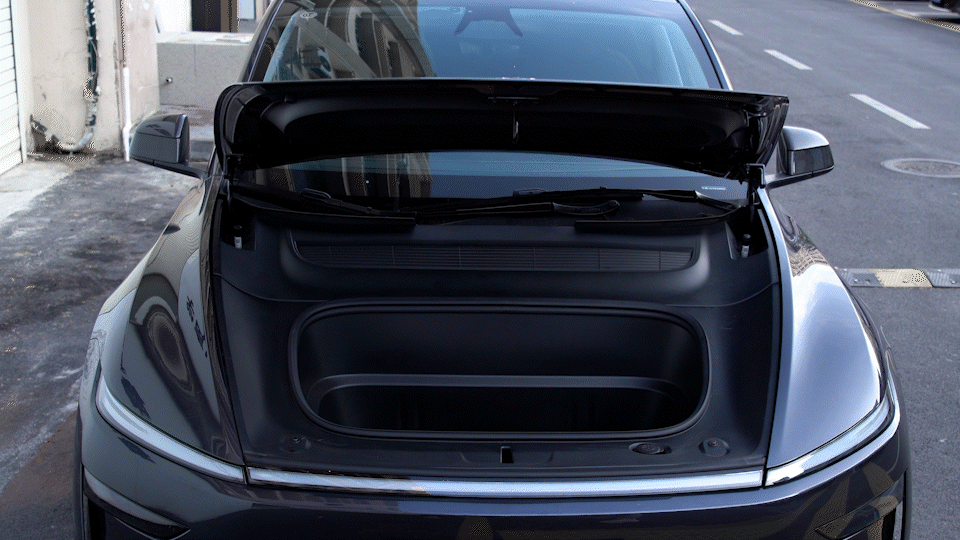 Tesla Model Y Juniper electric frunk system with hands-free automatic opening, upgrade from Tesery for enhanced convenience.