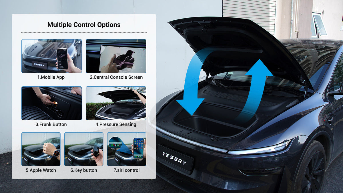 Tesla Model Y Juniper electric frunk system with hands-free automatic opener for easy, convenient access.