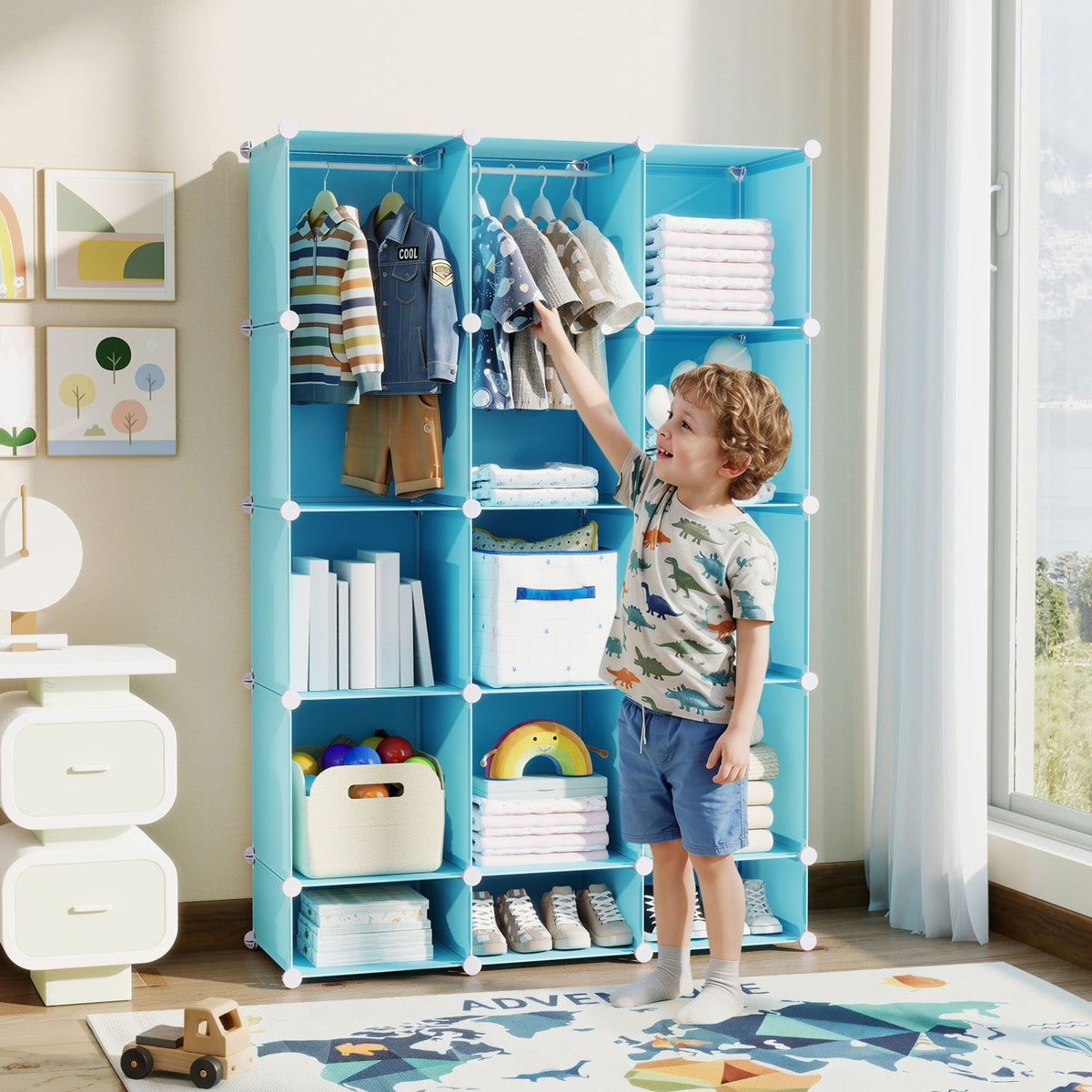 Colorful 13-cube modular kids wardrobe with hanging rod and shelves, designed for children's storage and organization.