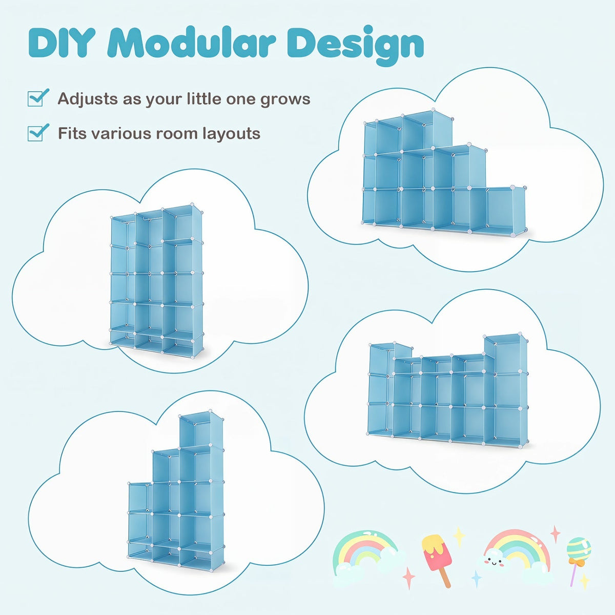 13-cube modular kids wardrobe with hanging rod and shelves, featuring colorful storage cubes for kids' clothes and toys.