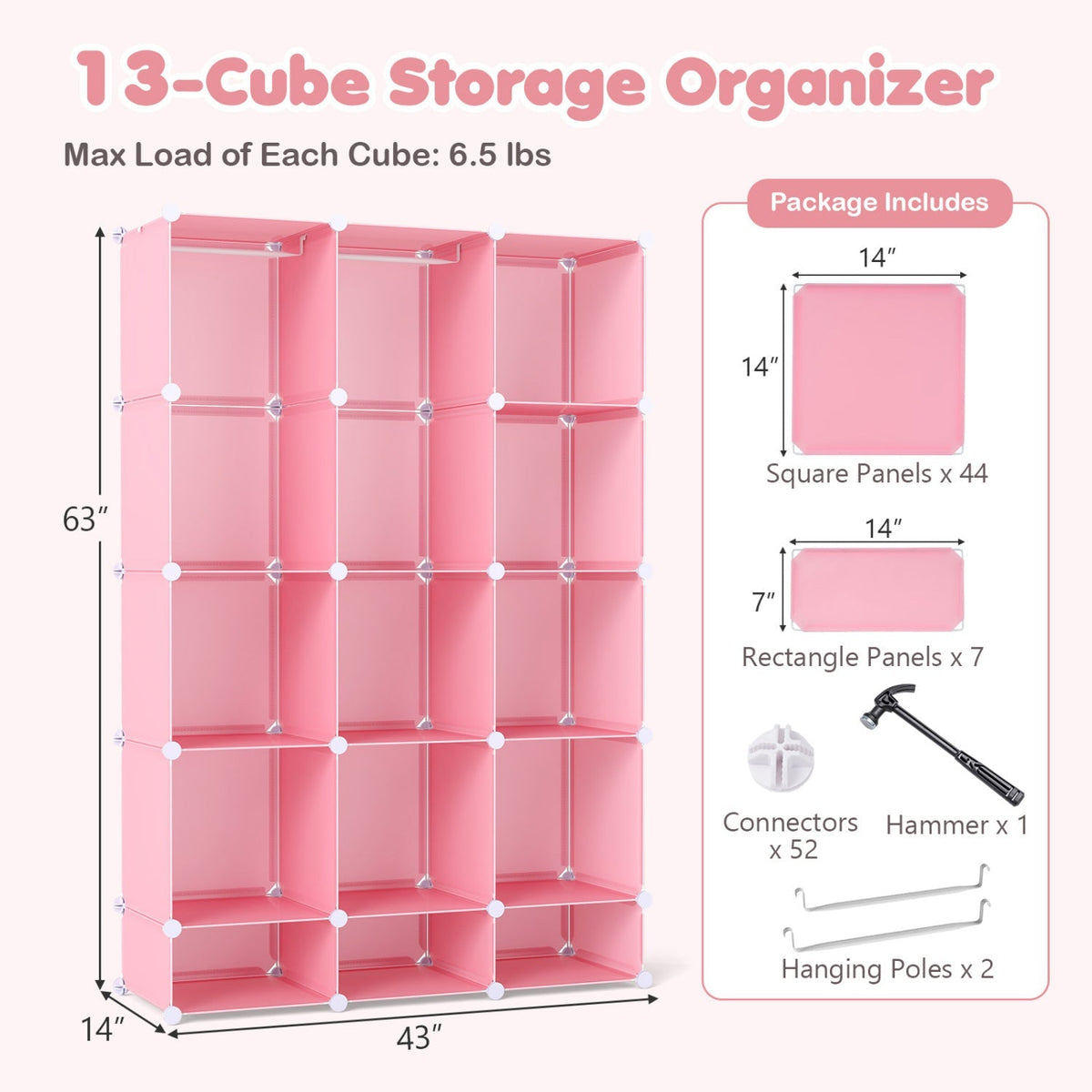 13-cube modular kids wardrobe with hanging rod and shelves, GBruno Store kids storage unit for organization and storage.