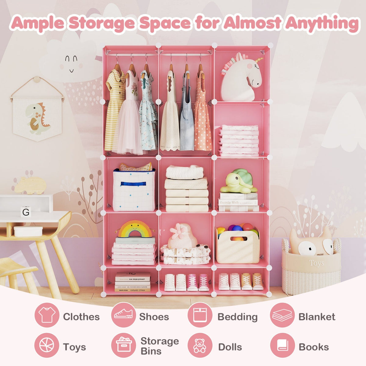 13-cube modular kids wardrobe with hanging rod and shelves, in bright colors, for organized children's storage by GBruno Store