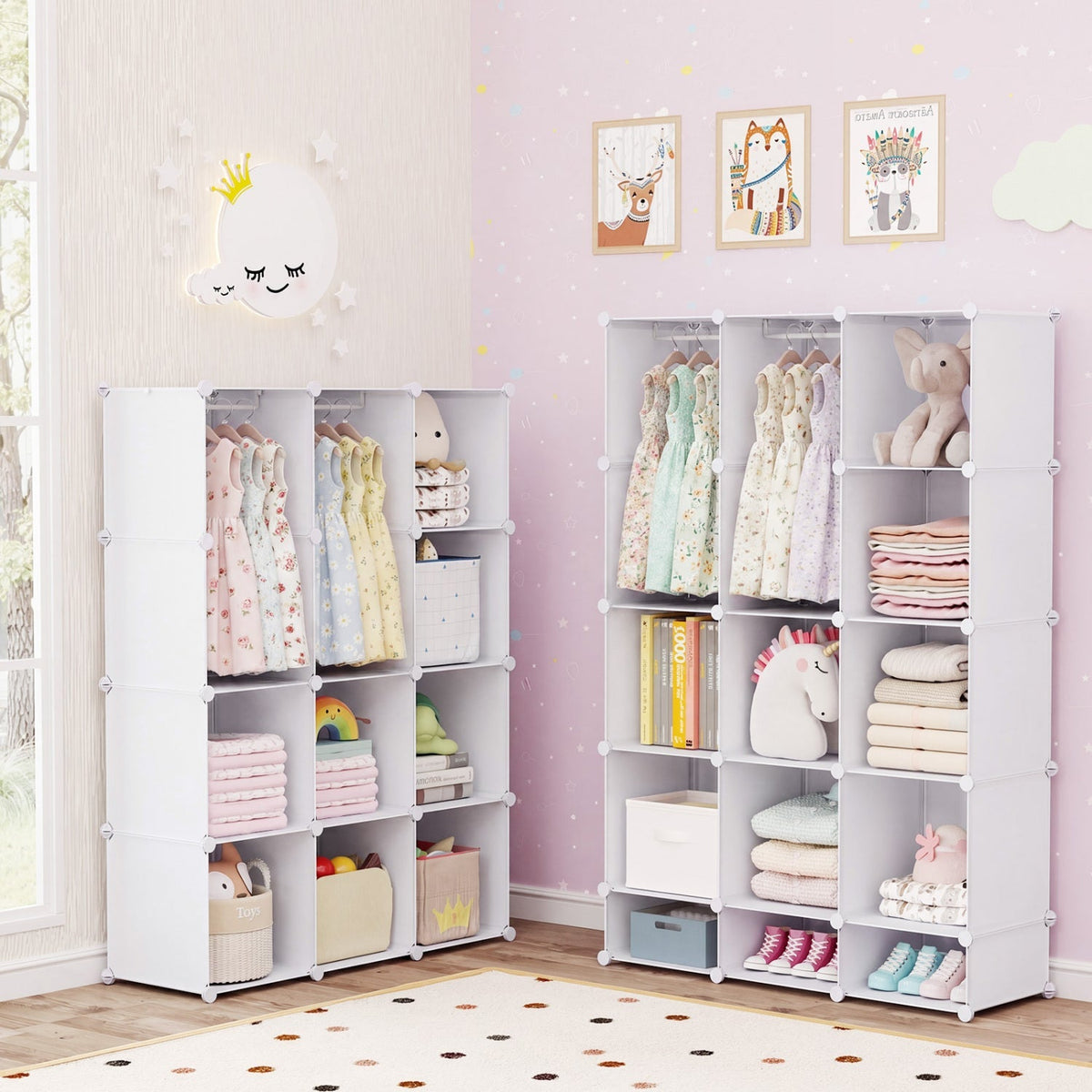 Colorful 13-cube kids wardrobe by GBruno Store with hanging rod and shelves for organized children’s storage.