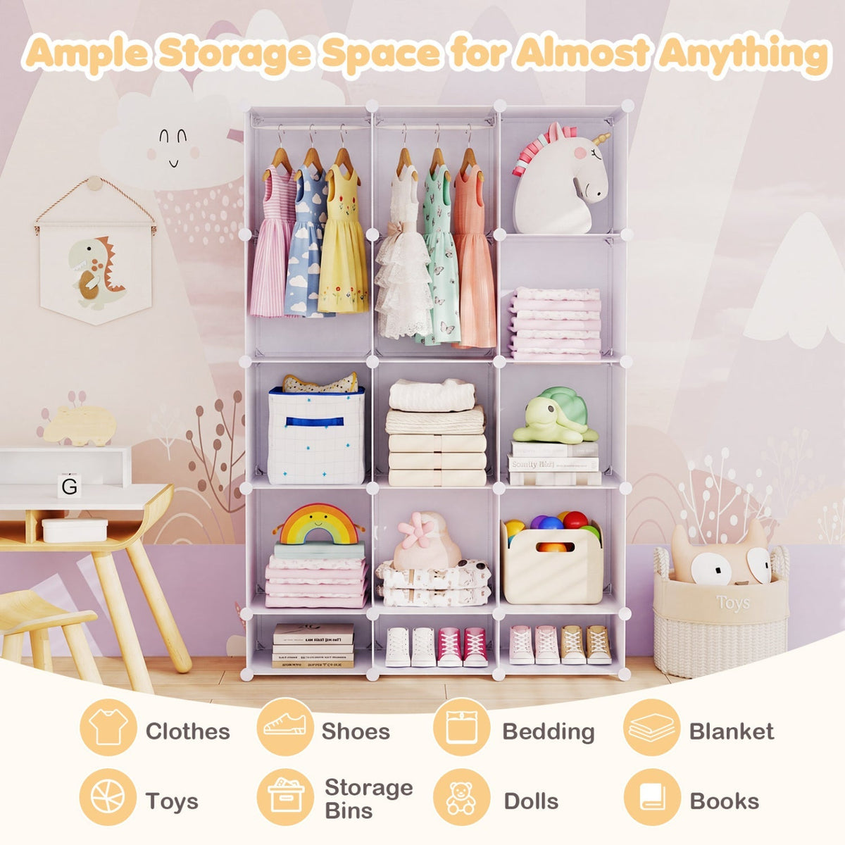 13-cube modular kids wardrobe with hanging rod and shelves, black and white storage unit for children's bedroom organization.