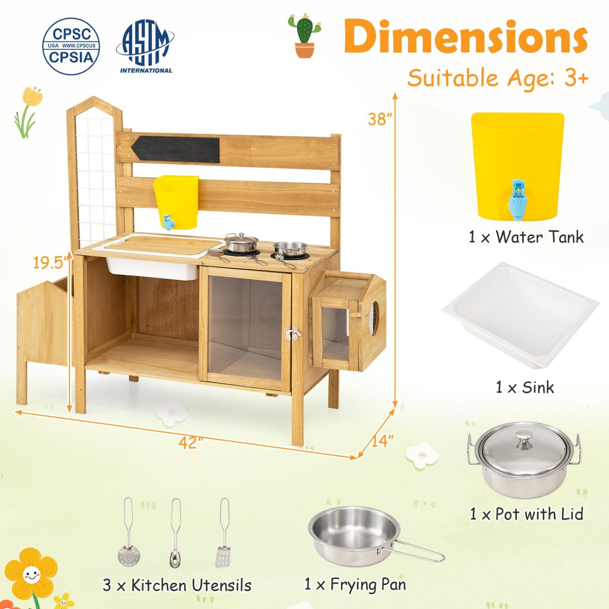 Wooden mud kitchen for kids with a detachable bird cage, GBruno Store children's play kitchen set with realistic outdoor features.