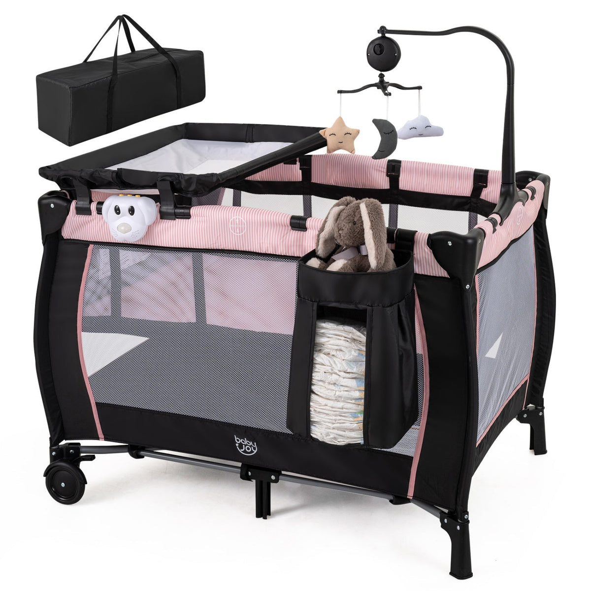 Pink baby playpen with changing table and bassinet, featuring safety rails and soft padding for infants and toddlers.