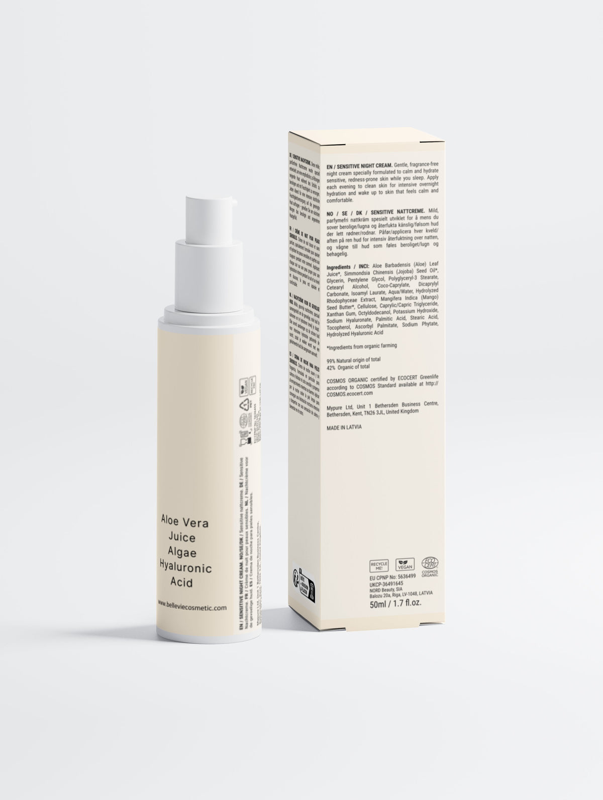 Belleviecosmetic sensitive skin overnight moisturizer in a 50ml jar, fragrance-free cream for redness and irritation relief.
