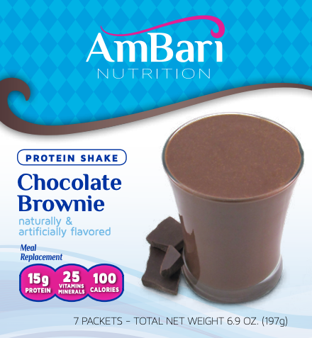 Chocolate Brownie Shake by AmBari Nutrition with a creamy chocolate brown color in a glass, topped with whipped cream and chocolate drizzle.