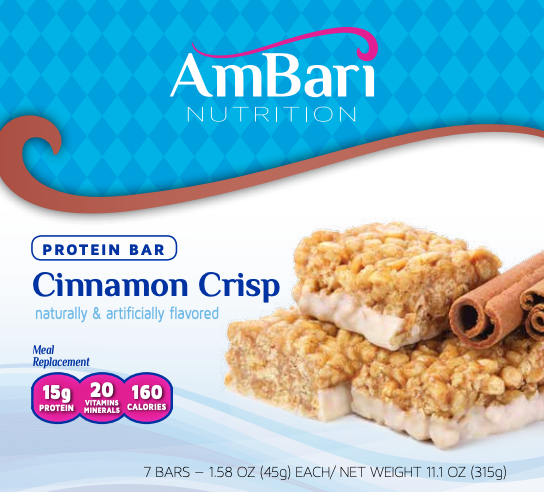 AmBari Nutrition Cinnamon Crisp Bar showing the front packaging with a crispy texture and cinnamon flavor prominently displayed.