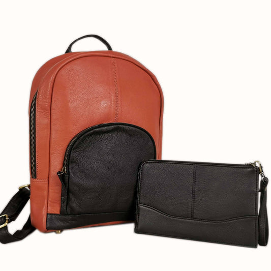 GoodHides Signature Leather Backpack showing front view with adjustable straps and textured leather surface.
