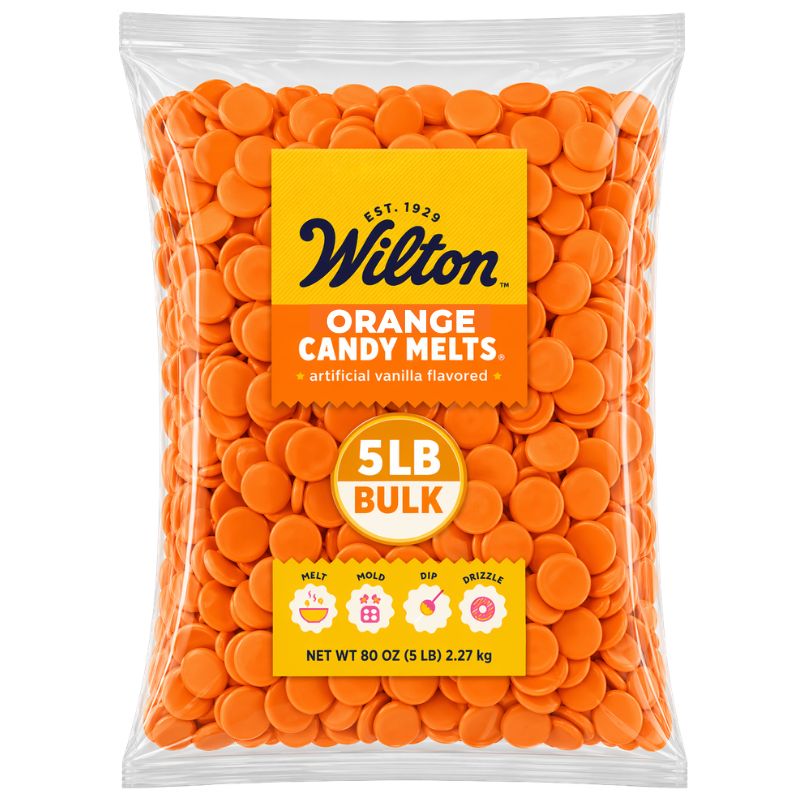 Orange Wilton chocolate confectionery melting wafers in a 5-pound bulk bag, ideal for candy making and decorating.
