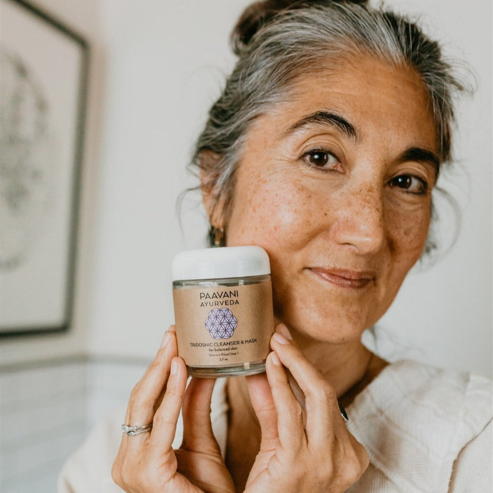 Paavani Ayurveda Tridoshic Cleanser and Mask with Ayurvedic cleansing grains for balanced, radiant skin appearance.