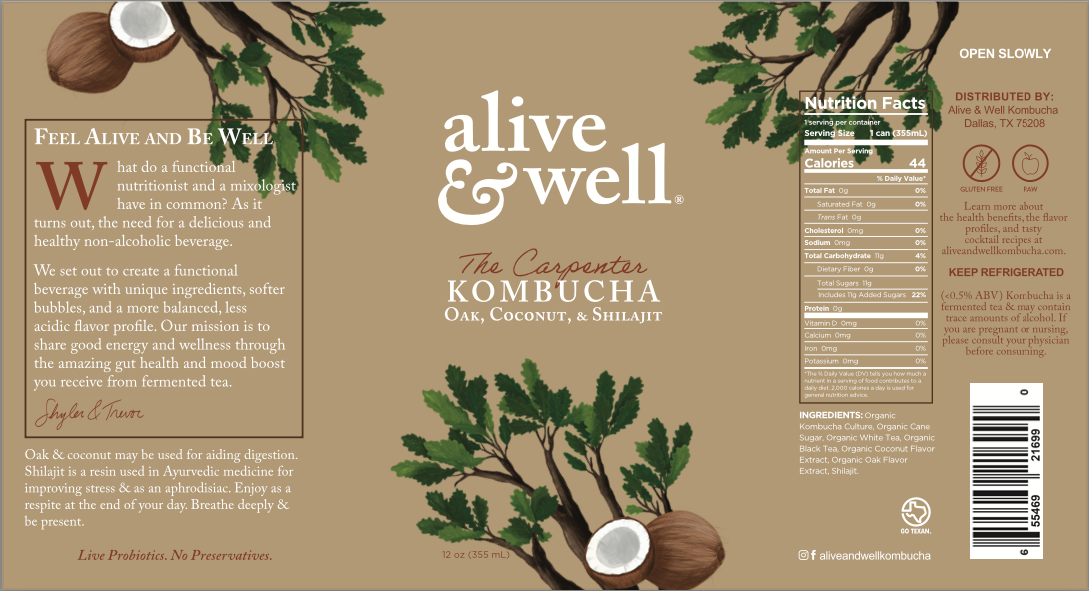 Organic Oak & Coconut Kombucha by Alive & Well in a 6-pack, featuring a label with oak and coconut imagery.