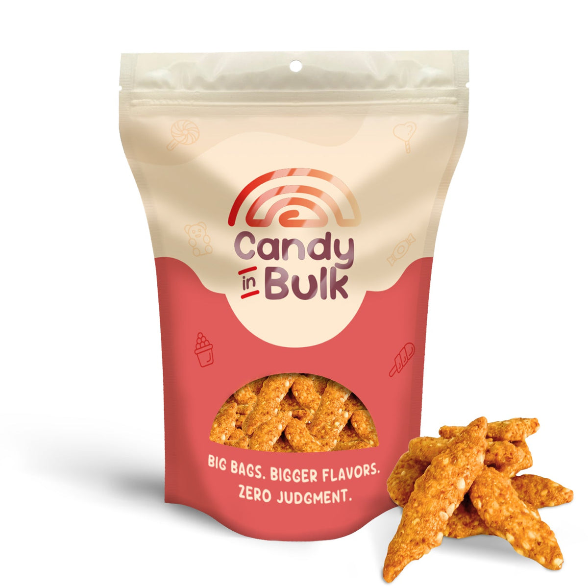 A 1lb bulk bag of Candy In Bulk sesame sticks made with oat bran, displaying crunchy snack sticks in a clear bag.
